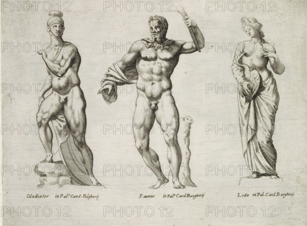Sculptures of a gladiator, a faun and Leda with the swan, Sculptures from antiquity, print, album page, Captions in Latin. Print is part of an album., number: '53', inscription: 'Ende lib. No. 20 fol. 44., et lib. No. 14 fol. 62 et 63...', Italy, publisher: Giovanni Battista de' Rossi, Rome, publisher: Antonio Salamanca, grantor of privilege: Urban VIII, Vatican City, 1538, 1641, Giovanni Battista de' Rossi, Antonio Salamanca, Urban VIII, printmaker, granter of privilege, paper, engraving, height 180 mm x width 238 mm, This print is part of a series of at least 19 prints of sculptures from antiquity. The sculptures were in the collection of Villa Borghese., piece of sculpture, reproduction of a piece of sculpture, satyrs, fauns, Sileni, Jupiter, in the shape of a swan, and Leda, fight of gladiators, Three standing classical-style figures rendered in fine black linework across a light background, each positioned on its own small base; on the left a partly draped female figure wearing a ...