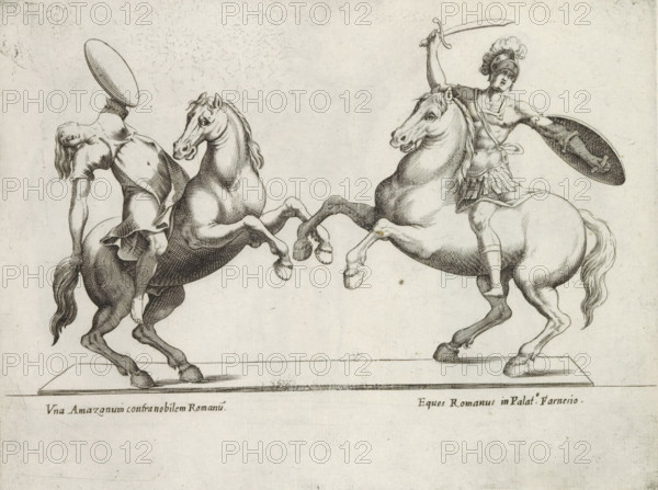 Sculptures of an Amazon on horseback and a Roman soldier on horseback, Sculptures from antiquity, print, album page, Captions in Latin. Print is part of an album., inscription: 'Ende lib. No. 12 fol. 19 ... lib. No. 14 fol. 62 et 63., Ende ... No. 6.', number: '54', Italy, publisher: Giovanni Battista de' Rossi, Rome, publisher: Antonio Salamanca, grantor of privilege: Urban VIII, Vatican City, 1538, 1641, Giovanni Battista de' Rossi, Antonio Salamanca, Urban VIII, printmaker, grantor of privilege, paper, engraving, height 180 mm x width 238 mm, This print is part of a series of at least 19 prints of sculptures from antiquity. The statues are located in the Museo archeologico Nazionale di Napoli., piece of sculpture, reproduction of a piece of sculpture, the soldier, the soldier's life, (story of) the Amazons, Two horse-mounted figures face each other on a raised rectangular platform, each horse rearing with front legs lifted and tails flowing. On the left, a rider leans back with long...