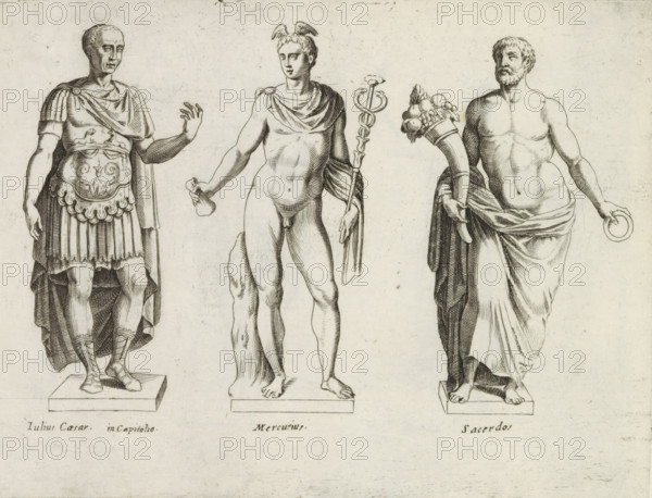 Sculptures of Julius Caesar, Mercury and a priest with a horn of plenty, Sculptures from antiquity, print, album page, Captions in Latin. Print is part of an album., number: '55', inscription: 'Ende lib. No. 19 fol. 1 et lib. No. 20 fol. 49...', Italy, publisher: Giovanni Battista de' Rossi, Rome, publisher: Antonio Salamanca, grantor of privilege: Urban VIII, Vatican City, 1538, 1641, Giovanni Battista de' Rossi, Antonio Salamanca, Urban VIII, printmaker, grantor of privilege, paper, engraving, height 180 mm x width 238 mm, This print is part of a series of at least 19 prints of sculptures from antiquity. The statue of Caesar is located in the Capitoline Museums in Rome., Person, Julius Caesar, piece of sculpture, reproduction of a piece of sculpture, (story of) Mercury (Hermes), (story of) C. Julius Caesar, priest, Roman religion, Three standing classical statues rendered in line engraving fill the image, each on a rectangular plinth. The left figure is armored with a decorative brea...