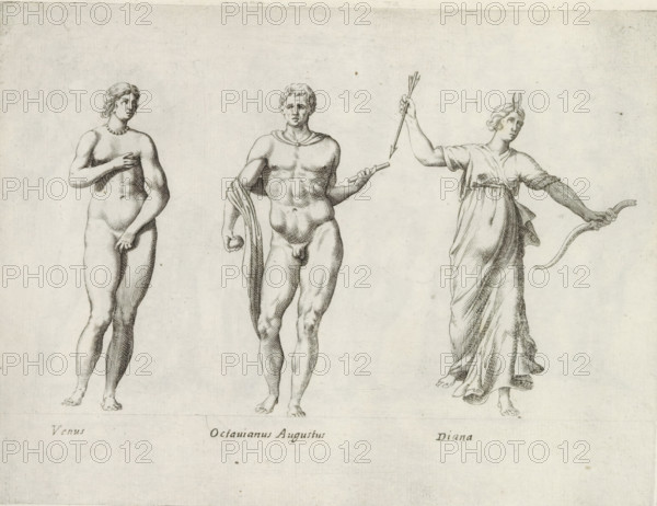 Sculptures of Venus, Emperor Augustus and Diana, Sculptures from antiquity, print, album page, Captions in Latin. Print is part of an album., inscription: 'Ende lib. No. 20 fol. 51....', number: '56', Italy, publisher: Giovanni Battista de' Rossi, Rome, publisher: Antonio Salamanca, grantor of privilege: Urbanus VIII, Vatican City, 1538, 1641, Giovanni Battista de' Rossi, Antonio Salamanca, Urbanus VIII, printmaker, grantor of privilege, paper, engraving, height 180 mm x width 238 mm, This print is part of a series of at least 19 prints of sculptures from antiquity., Person, Augustus (emperor of the Roman Empire), piece of sculpture, reproduction of a piece of sculpture, (story of) Venus (Aphrodite), (story of) Diana (Artemis), (story of) Augustus, the Roman emperor, Three classical figures are drawn in fine line work on a light background. On the left stands a nude female figure with short wavy hair and a beaded necklace, one hand placed near her chest and the other resting near her h...
