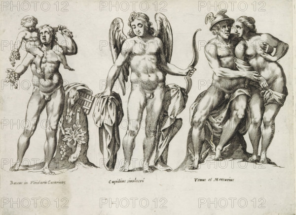 Sculptures of Bacchus, Cupid and Mercury and Venus as lovers, Sculptures from antiquity, print, album page, Captions in Latin. Print is part of an album., number: '57', inscription: 'Ende lib. No. 1 fol. 54., Ende lib. No. 20 fol. 21...', Italy, publisher: Giovanni Battista de' Rossi, Rome, publisher: Antonio Salamanca, grantor of privilege: Urban VIII, Vatican City, 1538, 1641, Giovanni Battista de' Rossi, Antonio Salamanca, Urban VIII, printmaker, granter of privilege, paper, engraving, height 180 mm x width 238 mm, This print is part of a series of at least 19 prints of sculptures from antiquity. The statue of Bacchus is located in Palazzo Farnese in Rome., piece of sculpture, reproduction of a piece of sculpture, (story of) Cupid, Amor (Eros), (story of) Bacchus (Dionysus), Liber, Mercury and Venus as lovers, A black and white engraving shows three groups of standing nude figures across the width of the image. On the left a muscular adult male holds a bunch of grapes while a small ...