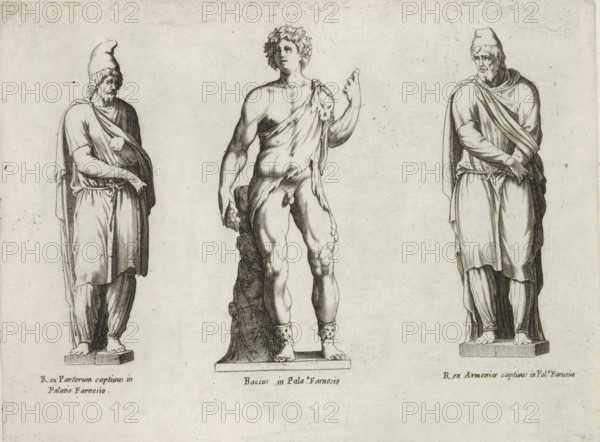 Sculptures of Dacian prisoners and the god Bacchus, Sculptures from antiquity, print, album page, Captions in Latin. Print is part of an album., number: '58', inscription: 'Ende lib. No. 4 ... fol. 66. ... fol. 72. 138...', Italy, publisher: Giovanni Battista de' Rossi, Rome, publisher: Antonio Salamanca, grantor of privilege: Urban VIII, Vatican City, 1538, 1641, Giovanni Battista de' Rossi, Antonio Salamanca, Urban VIII, printmaker, granter of privilege, paper, engraving, height 180 mm x width 238 mm, This print is part of a series of at least 19 prints of sculptures from antiquity. The statue of Bacchus is located in Palazzo Farnese in Rome. The statues of the Dacian prisoners are in the Museo Archeologico di Napoli., piece of sculpture, reproduction of a piece of sculpture, (story of) Bacchus (Dionysus), Liber, prisoner of war (after the battle), Three standing classical statue figures rendered in black ink on a light background, arranged left, center, and right. The left figure we...