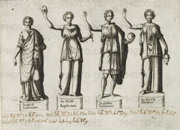 Sculptures of nymphs or muses, Sculptures from antiquity, print, album page, Four sculptures of nymphs or muses, originating from various gardens in Rome. Captions in Latin. Print is part of an album., inscription: 'Ende lib. No. 22. fol. 302, Ende lib. No. 21. fol. 520 Ende lib. No. 2. fol. 359...', number: '59', Italy, publisher: Giovanni Battista de' Rossi, Rome, publisher: Antonio Salamanca, grantor of privilege: Urban VIII, Vatican City, 1538, 1641, Giovanni Battista de' Rossi, Antonio Salamanca, Urban VIII, printmaker, grantor of privilege, paper, engraving, height 176 mm x width 234 mm, This print is part of a series of at least 19 prints of sculptures from antiquity., piece of sculpture, reproduction of a piece of sculpture, nymphs (in general), 'Ninfe in commune' (Ripa), (story of the) Muses, 'Muse' (Ripa), Four standing statues on separate round plinths are depicted in a row against a plain background, each figure draped in flowing garments with visible folds and shading; the...