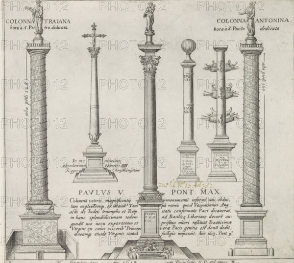 Memorial columns, Monuments and buildings erected during the pontificates of Popes Paul V and Sixtus V, print, album page, Series number, 1, 12, Six memorial columns in Rome: the Column of Trajan, the column erected for King Henry IV of France, the Colonna della Pace, the Milliarium Aureum, the Columna rostrata and the Column of Marcus Aurelius. Print is part of an album., inscription: 'Ende lib. No. 23. fol. 600 et 601., Ende lib. no. 21. fol. 499. 500, Ende lib. No. 2. fol. 107. 113...', number: '6', printmaker: Matthäus Greuter, Rome, grantor of privilege: Paul V, Vatican City, 1618, paper, engraving, height 206 mm x width 225 mm, This print is part of a series of twelve prints depicting monuments and buildings erected during the pontificates of Pope Paul V and Sixtus V., monument, statue, column, pillar, architecture, Column of Trajan, Column of Marcus Aurelius, A detailed engraving shows a series of vertical columns with varied capitals and bases, some topped by statues of robed f...