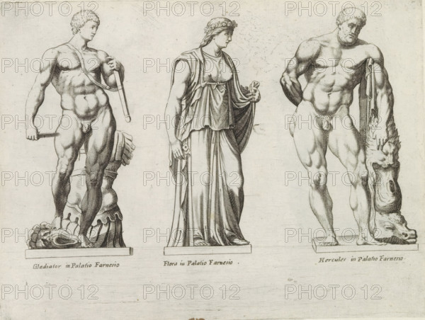 Sculptures of a gladiator, Flora and Hercules, Sculptures from antiquity, print, album page, Captions in Latin. Print is part of an album., inscription: 'Ende lib. No. 20 fol. 44. et lib. No. 14 fol. 62. 63...', number: '60', Italy, publisher: Giovanni Battista de' Rossi, Rome, publisher: Antonio Salamanca, grantor of privilege: Urban VIII, Vatican City, 1538, 1641, Giovanni Battista de' Rossi, Antonio Salamanca, Urban VIII, printmaker, grantor of privilege, paper, engraving, height 178 mm x width 237 mm, This print is part of a series of at least 19 prints of sculptures from antiquity. The statues are located in Palazzo Farnese in Rome., piece of sculpture, reproduction of a piece of sculpture, (story of) Hercules (Heracles), (story of) Flora, fight of gladiators, Three carved figures stand side by side on separate rectangular bases against a plain background. The left figure is a nude male with a muscular build holding a short club or handle in one hand and a curved strap draped over...