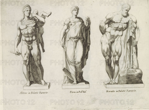 Sculptures of Atreus, Flora and the Farnese Hercules, Sculptures from antiquity, print, album page, Captions in Latin. Print is part of an album., number: '61', inscription: 'Ende lib. No. 20 fol. 41., Ende lib. No. 4...', Italy, publisher: Giovanni Battista de' Rossi, Rome, publisher: Antonio Salamanca, grantor of privilege: Urban VIII, Vatican City, 1538, 1641, Giovanni Battista de' Rossi, Antonio Salamanca, Urban VIII, printmaker, granter of privilege, paper, engraving, height 178 mm x width 237 mm, This print is part of a series of at least 19 prints of sculptures from antiquity. The statues are located in Palazzo Farnese in Rome., piece of sculpture, reproduction of a piece of sculpture, (story of) Hercules (Heracles), (story of) Flora, (story of) Atreus, Three classical-style statues stand side by side on rectangular bases against a plain background. The left figure is a muscular male with short curly hair wearing a draped cloth over one shoulder and carrying a curved object over...