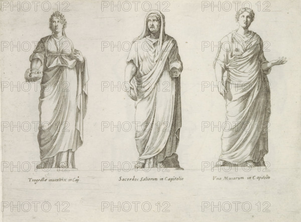 Sculptures of Tragedy, a Roman priest and a muse, Sculptures from antiquity, print, album page, Captions in Latin. Print is part of an album., number: '62', inscription: 'Ende lib. No. 4. fol. 20, Ende lib. No. 21. fol. 402...', Italy, publisher: Giovanni Battista de' Rossi, Rome, publisher: Antonio Salamanca, grantor of privilege: Urban VIII, Vatican City, 1538, 1641, Giovanni Battista de' Rossi, Antonio Salamanca, Urban VIII, printmaker, grantor of privilege, paper, engraving, height 179 mm x width 236 mm, This print is part of a series of at least 19 prints of sculptures from antiquity. The statues are in the Capitoline Museums in Rome., piece of sculpture, reproduction of a piece of sculpture, single Muses, 'Tragedia' (Ripa), priest, Roman religion, Three upright carved figures stand side by side against a plain background, each depicted in draped classical robes and standing on rectangular bases. The left figure wears a laurel wreath, has a long flowing garment with folds gathered...