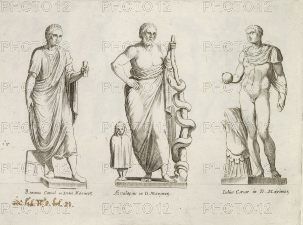 Sculptures of a Roman consul, Asclepius and Julius Caesar, Sculptures from antiquity, print, album page, Captions in Latin. Print is part of an album., number: '63', inscription: 'Ende lib. No. 4 fol. 99 et, ... fol. 108 ... fol. 214...', Italy, publisher: Giovanni Battista de' Rossi, Rome, publisher: Antonio Salamanca, grantor of privilege: Urban VIII, Vatican City, 1538, 1641, Giovanni Battista de' Rossi, Antonio Salamanca, Urban VIII, printmaker, grantor of privilege, paper, engraving, height 179 mm x width 236 mm, This print is part of a series of at least 19 prints of sculptures from antiquity., piece of sculpture, reproduction of a piece of sculpture, politician, eg party leader, (story of) C. Julius Caesar, (story of) Aesculapius (Asclepius), Three standing male figures and a small cloaked child are drawn in a sketchy engraving style on a light background, each on a rectangular pedestal. The left figure wears draped robes with sandals, holds a rolled object in one hand and rests...