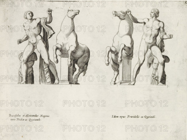 Sculptures of the Dioscuri with horses, Sculptures from antiquity, print, album page, Two statues of the Dioscuri (Castor and Pollux), two naked men with horses. Previously interpreted as the artists Pheidias and Praxiteles. The statues are located in the Piazza del Quirinale in Rome. Captions in Latin. Print is part of an album., number: '64', inscription: 'Ende lib. No.23 fol. 460, Ende lib. No. 21 fol. 180 et 181, Ende lib. No. 1. fol. 115, 150. lib. No. 8. fol. 7. 93crossed out.', Italy, publisher: Giovanni Battista de' Rossi, Rome, publisher: Antonio Salamanca, grantor of privilege: Urban VIII, Vatican City, 1538, 1641, Giovanni Battista de' Rossi, Antonio Salamanca, Urban VIII, printmaker, grantor of privilege, paper, engraving, height 177 mm x width 235 mm, This print is part of a series of at least 19 prints of sculptures from antiquity., piece of sculpture, reproduction of a piece of sculpture, (story of) the Dioscuri: Castor (the horse-tamer) and Pollux (the boxer) - attribut...