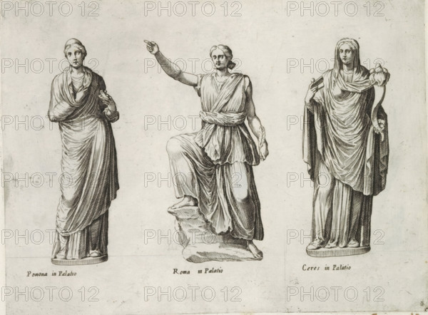 Sculptures of Pomona, Roma, and Ceres, Sculptures from Antiquity, print, album page, Captions in Latin. Print is part of an album., inscription: 'Ende lib. No. 4 ... fol. 45 ... fol. 50...', number: '65', Italy, publisher: Giovanni Battista de' Rossi, Rome, publisher: Antonio Salamanca, grantor of privilege: Urban VIII, Vatican City, 1538, 1641, Giovanni Battista de' Rossi, Antonio Salamanca, Urban VIII, printmaker, grantor of privilege, paper, engraving, height 180 mm x width 239 mm, This print is part of a series of at least 19 prints of sculptures from antiquity., piece of sculpture, reproduction of a piece of sculpture, (story of) Ceres (Demeter), Pomona, Three standing sculptural figures rendered in fine black line on a light, slightly textured background, each draped in flowing classical robes with detailed folds. The figure on the left faces forward with a gentle tilt of the head, a draped shawl across the shoulders and one arm bent at the side, the lower garment falling straigh...