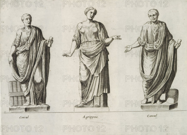 Sculptures of Roman consuls and Agrippina, Sculptures from antiquity, print, album page, Captions in Latin. Print is part of an album., number: '66', inscription: 'Ende lib. No. 4 fol. 99 et...', Italy, publisher: Giovanni Battista de' Rossi, Rome, publisher: Antonio Salamanca, grantor of privilege: Urban VIII, Vatican City, 1538, 1641, Giovanni Battista de' Rossi, Antonio Salamanca, Urban VIII, printmaker, grantor of privilege, paper, engraving, height 180 mm x width 239 mm, This print is part of a series of at least 19 prints of sculptures from antiquity., Person, Agrippina minor, piece of sculpture, reproduction of a piece of sculpture, politician, eg party leader, ruler, sovereign - BB - female ruler, Three engraved statue figures stand side by side on a light background. The left figure is draped in long flowing robes with one arm bent holding a small rectangular object and the other hand lifting part of the garment, standing on a rectangular base beside a stack of blocks. The cen...