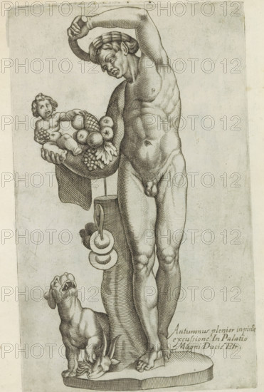 Sculpture of Autumnus, Sculptures from antiquity, print, album page, Caption in Latin. Print is part of an album., inscription: 'Ende lib. No. 21. fol. 339. Ende lib. No. 23. fol. 97.', inscription: 'Ende lib. No. 20 fol. 43. 49 et lib. No. 4... fol. 10 ... fol. 16.', number: '67', Italy, 1600 - 1699, printmaker, paper, etching, engraving, height 223 mm x width 135 mm, This print is part of a series of at least 50 prints of sculptures from antiquity., piece of sculpture, reproduction of a piece of sculpture, autumn, fall, 'Autumnus', 'Autunno' (Ripa), A tall nude male figure stands with one arm raised and the other extended holding a shallow basket filled with rounded fruits and a reclining infant figure; the man wears a brimmed cap and has defined musculature rendered with fine hatching; a draped cloth hangs beneath the basket and a vertical support runs behind it with circular objects suspended; at the man's feet a dog stands on a plinth with its head turned upward and near the dog's...
