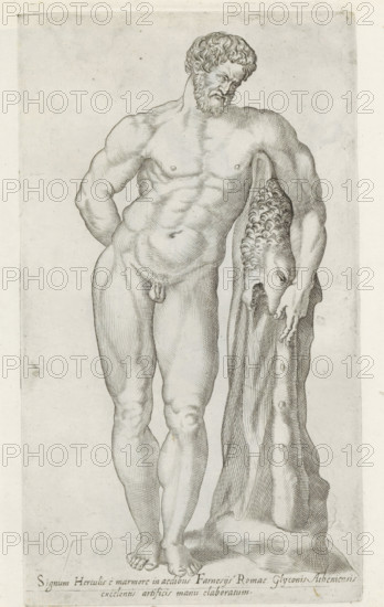 Hercules Farnese, Sculptures from Antiquity, print, album page, Caption in Latin. Print is part of an album., inscription: 'Ende lib. No. 23. fol. 460. Ende lib. No. 20 fol. 43. 49 et lib. No. 4 ... folio 20 ... 16. Ende lib. No. 21. fol. 353', number: '68', Italy, 1600 - 1699, printmaker, paper, etching, engraving, height 227 mm x width 130 mm, This print is part of a series of at least 50 prints of sculptures from antiquity., piece of sculpture, reproduction of a piece of sculpture, (story of) Hercules (Heracles), A monochrome line engraving of a standing nude male figure shown from head to feet, facing slightly to the viewer's left with his head tilted down and to the side, curly hair and a beard, muscular torso and limbs with detailed hatching to indicate form and shadow, one arm bent behind his back and the other arm resting on a draped, textured cloth that hangs beside him and shows decorative curl-like patterns and folds, the figure's hands and feet visible with fine linework on...