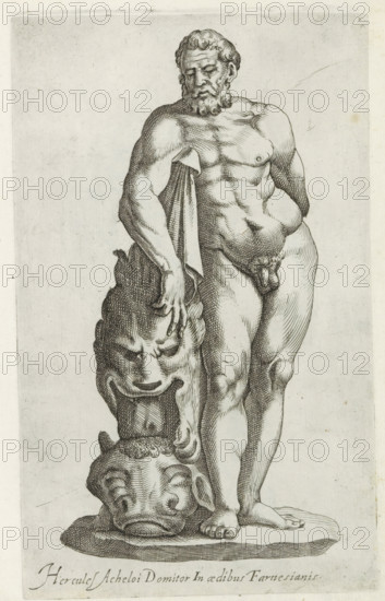 Sculpture of Hercules leaning on the bull of Crete, Sculptures from antiquity, print, album page, Caption in Latin. Print is part of an album., inscription: 'Ende lib. No. 23. fol. 460. Ende lib. No. 20 fol. 43. 49 et lib. No. 4 ... folio 20 ... 16. Ende lib. No. 21. fol. 353', number: '68', Italy, 1600 - 1699, printmaker, paper, etching, engraving, height 224 mm x width 138 mm, This print is part of a series of at least 50 prints of sculptures from antiquity., piece of sculpture, reproduction of a piece of sculpture, (7) the Cretan bull is captured by Hercules, A black and white line engraving of a standing male nude with a beard and curly hair, shown from head to feet on a flat base; he has a muscular torso and relaxed posture, one arm hanging down holding a cloth that drapes over a large carved head beside him, while the other arm rests at his side; the carved head has stylized facial features and sits above another sculpted head on the base, and the man's feet are positioned near t...