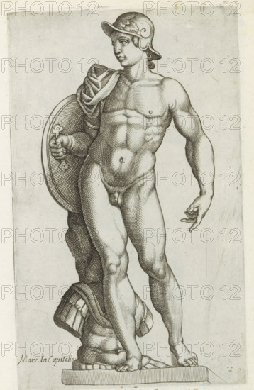 Sculpture of Mars, Sculptures from antiquity, print, album page, Caption in Latin. Print is part of an album., inscription: 'Ende lib. No. 4 ... fol. 122. lib. No. 5. fol. 102., Ende lib. No. 21. fol. 402.', number: '69', inscription: 'Ende lib. No. 21. fol. 353 crossed out. 204.', Italy, 1600 - 1699, printmaker, paper, etching, engraving, height 224 mm x width 135 mm, This print is part of a series of at least 50 prints of sculptures from antiquity., piece of sculpture, reproduction of a piece of sculpture, (story of) Mars (Ares), A detailed black and white engraving of a standing male figure wearing a helmet and a draped cloak over one shoulder, holding a round shield with one hand while the other arm hangs by his side with fingers slightly curled, showing a muscular torso, defined abdomen, and exposed genitals, one leg stepping forward and the other slightly back with both feet on a rectangular base, fine crosshatching and linework throughout, and a faint rectangular border around t...