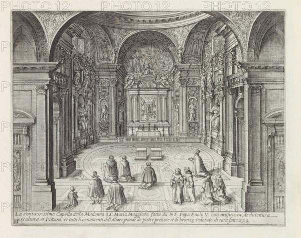 Cappella Paolina in the Santa Maria Maggiore in Rome, La sontuosissima Capella della Madonna à S. Maria Maggior, Monuments and buildings erected during the pontificates of Popes Paul V and Sixtus V, print, album page, Series number, 2, 12, View in the Cappella Paolina in the Santa Maria Maggiore in Rome. Clergy kneeling in the chapel. Title in Italian in the lower margin. Print is part of an album., inscription: 'Ende lib. No. 23. fol. 24 et 258, Ende lib. No. 1. fol. 39. lib. No. 21. fol. 489. 490. 8.', number: '7', printmaker: Matthäus Greuter, Rome, grantor of privilege: Paulus V, Vatican City, 1618, granter of privilege, paper, engraving, height 175 mm x width 224 mm, This print is part of a series of twelve prints with monuments and buildings erected during the pontificates of Pope Paul V and Sixtus V., interior of church, parts of church interior: chapel, Santa Maria Maggiore (Rome), Cappella Paolina, An interior view rendered in fine line work showing a vaulted ceremonial space ...