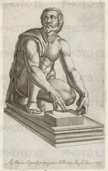 Sculpture of the Roman consul Marcus Manlius, Sculptures from antiquity, print, album page, Caption in Latin. Print is part of an album., number: '70', inscription: 'Ende lib. No. 4. fol. 137.', inscription: 'Ende lib. No. 21. fol. 339. Ende lib. No. 23. fol. 79.', Italy, 1600 - 1699, printmaker, paper, etching, engraving, etching and engraving, height 224 mm x width 138 mm, This print is part of a series of at least 50 prints of sculptures from antiquity., Person, Marcus Manlius, piece of sculpture, reproduction of a piece of sculpture, politician, eg party leader, A detailed black and white line engraving shows a bearded male figure crouching on a stepped rectangular plinth, his torso turned and one knee drawn up while one hand rests on the plinth and the other reaches toward a flat rectangular block on the base; the figure is muscular with defined arms, legs, and torso, his head tilted upward and eyes looking away, and a draped cloak falls over one shoulder and down his back; the ba...