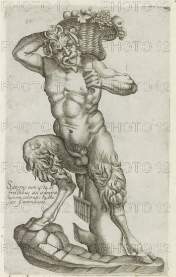 Sculpture of a satyr, Sculptures from antiquity, print, album page, Caption in Latin. Print is part of an album., inscription: 'Ende lib. No. 21. fol. 339. Ende lib. No. 23. fol. 79.', number: '70', inscription: 'Ende lib. No. 4. fol. 137.', Italy, 1600 - 1699, printmaker, paper, etching, engraving, etching and engraving, height 224 mm x width 135 mm, This print is part of a series of at least 50 prints of sculptures from antiquity., piece of sculpture, reproduction of a piece of sculpture, satyr(s) (in general), A monochrome engraving shows a muscular male figure with a goatlike lower body standing on a rocky base and bearing a large woven basket of fruit on one shoulder, his torso and arms rendered with detailed crosshatching and his face bearing a bearded, expressive look, one hand raised to his head and the other gripping the basket strap, the basket overflowing with round fruits and leafy elements, the creature’s furred legs and cloven hooves visible, and a small pan flute hanging...