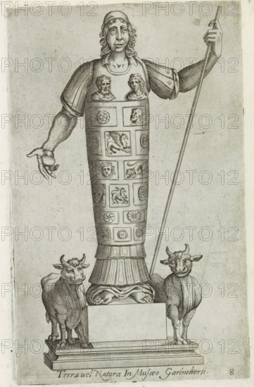 Sculpture of a shepherd between two oxen, Sculptures from antiquity, print, album page, Caption in Latin. Numbered lower right: 8. Print is part of an album., number: '75', inscription: 'Ende lib. No. 4 fol. 151.', Italy, 1600 - 1699, printmaker, paper, etching, engraving, etching and engraving, height 221 mm x width 137 mm, This print is part of a series of at least 50 prints of sculptures from antiquity., piece of sculpture, reproduction of a piece of sculpture, herding, herdsman, herdswoman, shepherd, shepherdess, cowherd, ox, A tall carved figure stands on a stepped pedestal flanked by two cattle, the figure wearing a long, cylindrical garment decorated with multiple framed relief panels showing various animal and human faces, with a pair of sculpted busts near the shoulders and a patterned skirt at the base; the figure has long curly hair, a rounded cap, and articulated shoulder armor, one arm extended with an open hand and the other holding a long staff; the two cattle are positi...