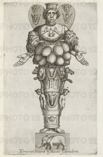 Sculpture of a fertility goddess with many breasts, Sculptures from antiquity, print, album page, Sculpture of a fertility goddess with many breasts. Two small lions sit on her arms. Around her waist is a circle with heads of wild animals. Winged figures sit at the level of her knees. She stands on a block with a depiction of an elephant. Caption in Latin. Print is part of an album., number: '76', inscription: 'Ende lib. No. 4 fol. 151.', inscription: 'Ende lib. No. 4 ... folio 20 ... 16 et No. 20 fol. 43 et 49.', Italy, 1600 - 1699, printmaker, paper, etching, engraving, height 222 mm x width 135 mm, This print is part of a series of at least 50 prints of sculptures from antiquity., piece of sculpture, reproduction of a piece of sculpture, other gods of fertility, A vertical engraved figure composed of stacked ornamental sections ending on a rectangular base with an elephant relief, showing a female bust at the top wearing a tall headpiece and a beaded necklace, flanked by two large w...