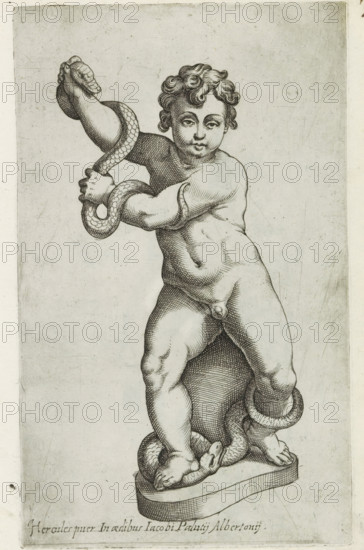 Sculpture of the young Hercules fighting two snakes, Sculptures from antiquity, print, album page, Caption in Latin. Print is part of an album., inscription: 'Ende lib. No. 4 ... folio 20 ... 16 et No. 20 fol. 43 et 49.', inscription: 'Ende lib. No. 4 fol. 151.', number: '76', Italy, 1600 - 1699, printmaker, paper, etching, engraving, height 223 mm x width 137 mm, This print is part of a series of at least 50 prints of sculptures from antiquity., piece of sculpture, reproduction of a piece of sculpture, Hercules strangles two serpents in his cradle, A monochrome line engraving of a nude childlike figure standing on an oval base, shown from head to midlegs, with curly hair and a rounded face looking forward; the figure holds a coiled snake with both hands, one arm raised and the other across the chest, and the snake winds around the arms and legs and rests under the figure's feet; crosshatching and fine lines render muscles, shadows, and textured scales on the snake against a lightly mo...