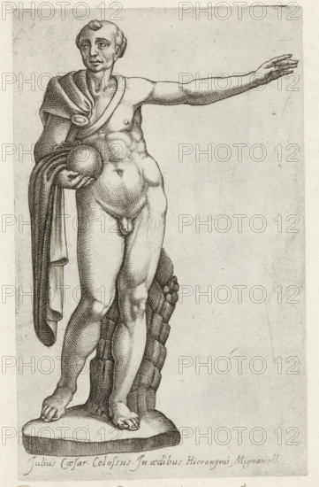 Sculpture of Julius Caesar, Sculptures from antiquity, print, album page, Caption in Latin. Print is part of an album., inscription: 'Ende lib. No. 20 fol. 49. et lib. No. 19 fol. 1, Ende lib. No. 17 fol. 3 No. 74.', number: '77', inscription: 'Ende lib. No. 4 ... fol. 66 ... fol. 72, 138, lib. No...', Italy, 1600 - 1699, printmaker, paper, etching, engraving, height 223 mm x width 137 mm, This print is part of a series of at least 50 prints of sculptures from antiquity., Person, Julius Caesar, piece of sculpture, reproduction of a piece of sculpture, (story of) C. Julius Caesar, A monochrome etching of a standing male nude statue shown from head to feet with one arm extended horizontally and the other holding a spherical object; the figure wears a draped cloth over one shoulder and across the back, has short curled hair and a calm facial expression, and stands on a shaped plinth with a support behind one leg that resembles a coiled or segmented form; shading is rendered with fine hatc...