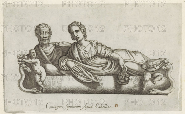 Lid of a sarcophagus with a double portrait of a couple, Sculptures from antiquity, print, album page, Caption in Latin. Print is part of an album., number: '78', inscription: 'Ende lib. No. 18. fol. 36.', inscription: 'Ende lib. No. 20 fol. 43. 49. et lib. no. 4 ... fol. 10 ... fol. 16.', Italy, 1600 - 1699, printmaker, paper, etching, engraving, height 136 mm x width 225 mm, This print is part of a series of at least 50 prints of sculptures from antiquity., piece of sculpture, reproduction of a piece of sculpture, anonymous historical persons portrayed in a double portrait, (story of) Bacchus (Dionysus), Liber, A monochrome engraving shows two reclining figures on a cushioned bier, one bearded and older with a draped garment and the other younger with curly hair wearing a flowing gown; both are propped against cushions and positioned side by side. Decorative elements include sculpted cherubic figures at each end of the bier, each holding clusters of round fruits, and stylized serpent...