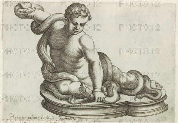 Sculpture of the young Hercules fighting two snakes, Sculptures from antiquity, print, album page, Caption in Latin. Print is part of an album., number: '78', inscription: 'Ende lib. No. 18. fol. 36.', inscription: 'Ende lib. No. 20 fol. 43. 49. et lib. no. 4 ... fol. 10 ... fol. 16.', Italy, 1600 - 1699, printmaker, paper, etching, engraving, height 152 mm x width 220 mm, This print is part of a series of at least 50 prints of sculptures from antiquity., piece of sculpture, reproduction of a piece of sculpture, Hercules strangles two serpents in his cradle, A detailed black and white engraving shows a seated muscular child with curly hair looking downward. A large coiled snake wraps around the child's body, its head positioned near the child's shoulder with an open mouth and visible teeth. The child grips part of the snake with one hand while the other rests on the snake's coils. The figures sit on a rounded, stepped pedestal with carved edges. The background is plain and lightly text...