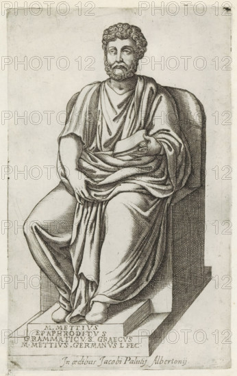 Sculpture by Marcus Mettius, Sculptures from antiquity, print, album page, Caption in Latin. Print is part of an album., number: '79', Italy, 1600 - 1699, printmaker, paper, etching, engraving, etching and engraving, height 222 mm x width 137 mm, This print is part of a series of at least 50 prints of sculptures from antiquity., Person, Marcus Mettius, piece of sculpture, reproduction of a piece of sculpture, historical persons, A monochrome engraved image of a seated male figure wearing draped robes, shown from head to feet, with curly hair and a full beard, resting one hand on his lap and the other holding a rolled object; he sits on a blocky chair with a high back and a stepped base, the robes cascading in detailed folds over his crossed legs and feet, and the overall composition framed by a plain background.