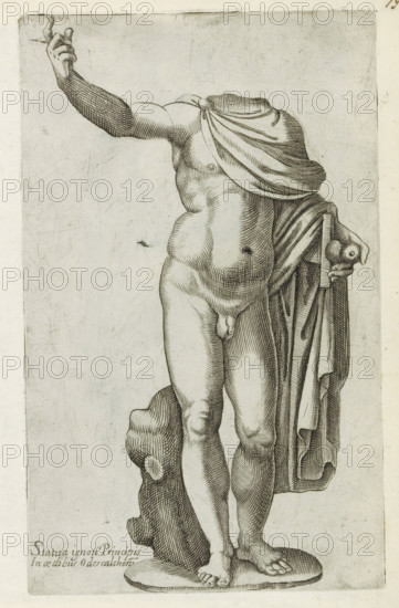 Sculpture of an unknown prince, Sculptures from antiquity, print, album page, headless. Caption in Latin. Print is part of an album., number: '79', Italy, 1600 - 1699, printmaker, paper, etching, engraving, etching and engraving, height 223 mm x width 138 mm, This print is part of a series of at least 50 prints of sculptures from antiquity., piece of sculpture, reproduction of a piece of sculpture, ruler, sovereign, A monochrome engraving of a classical male torso and legs on a rectangular plate, shown headless and with one arm raised and the other holding drapery; the figure wears a draped cloth over one shoulder and around part of the back, with detailed crosshatching to indicate musculature and shading; a piece of cloth hangs from the hand holding a short staff or rod ending in a rounded decorative element; the lower body is nude, with the groin and legs rendered in fine etched lines, and the feet stand on a shallow oval base; the background is plain with light scratches and etching...