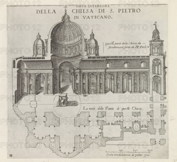Interior view of the Church of St. Peter in the Vatican, St. Peter's Basilica in Vatican City, Monuments and buildings erected during the pontificates of Popes Paul V and Sixtus V, print, album page, Series number, 3, 12, A vertical cross-section and half of the floor plan of St. Peter's Basilica in Vatican City. Title in Italian above the image. Print is part of an album., inscription: 'Ende lib. No. 23. fol. 10 et foli ... Ende lib. No. 21. fol. 69 folio...', number: '8', printmaker: Matthäus Greuter, Rome, grantor of privilege: Paul V, Vatican City, 1618, paper, engraving, height 213 mm x width 224 mm, This print is part of a series of twelve prints depicting monuments and buildings erected during the pontificates of Pope Paul V and Sixtus V., interior of church, plan, architecture, St. Peter's Basilica, A detailed architectural engraving showing a large classical church facade and floor plan in monochrome ink, featuring a central domed structure with ornate decoration, smaller dome...