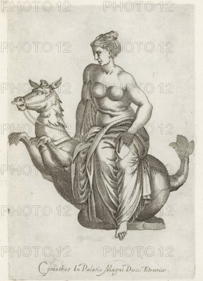 Sculpture of the Nereid Cymothoe riding on a sea creature, Sculptures from antiquity, print, album page, Caption in Latin. Print is part of an album., number: '81', inscription: 'Ende lib. No. 21. fol. 339. Ende lib. No. 23. fol. 79.', Italy, 1600 - 1699, printmaker, paper, etching, engraving, etching and engraving, height 223 mm x width 152 mm, This print is part of a series of at least 50 prints of sculptures from antiquity., piece of sculpture, reproduction of a piece of sculpture, Nereids, daughters of Nereus, sea-nymphs, A black and white engraving shows a partially draped woman seated on a mythical creature with a horse-like head and a curled tail; the woman has hair gathered in a bun and a bare upper torso with detailed shading, her left arm rests on the creature while her right hand holds a piece of fabric that drapes over her lap and legs, and one bare foot protrudes below the drapery; the creature has decorative elements around its muzzle and a bridle, its front legs are rais...