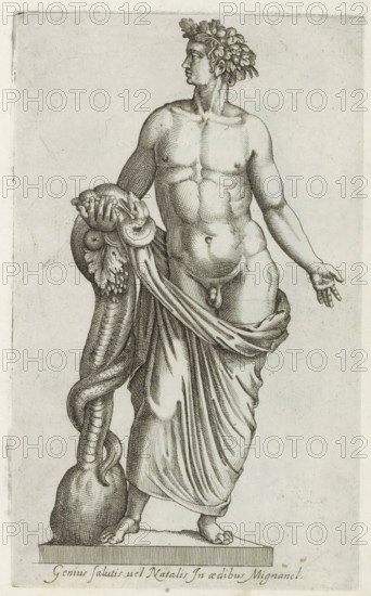 Sculpture of a nude figure with a snake, Sculptures from antiquity, print, album page, Caption in Latin. Print is part of an album., inscription: 'Ende lib. No. 21. fol. 339. Ende lib. No. 23. fol. 79.', number: '81', Italy, 1600 - 1699, printmaker, paper, etching, engraving, etching and engraving, height 223 mm x width 136 mm, This print is part of a series of at least 50 prints of sculptures from antiquity., piece of sculpture, reproduction of a piece of sculpture, nude with covered genitals, A monochrome engraving of a standing nude male figure wearing a wreath of leaves on his head, shown from head to feet and turned slightly to the side, with detailed musculature and crosshatching shading; one arm rests on a tall vessel with a coiled serpent draped around it while the other arm is extended outward with an open hand; a draped cloth wraps around the lower torso and falls in vertical folds down to the legs, partially covering the thighs and wrapping around the waist; the figure stand...
