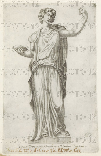 Sculpture of a goddess with a plate, Sculptures from antiquity, print, album page, Caption in Latin. Print is part of an album., number: '82', inscription: 'Ende lib. No. 2. fol. 105. Ende lib. No. 8. fol. 1.', inscription: 'Ende lib. no. 2. fol.... Ende lib. No. 8. fol. 1.', Italy, 1600 - 1699, printmaker, paper, engraving, gravure, height 225 mm x width 142 mm, This print is part of a series of at least 50 prints of sculptures from antiquity., piece of sculpture, reproduction of a piece of sculpture, representations, goddesses, demigoddesses, heroines etc. (Roman religion), A monochrome engraving of a classical-style female figure standing on a rectangular plinth, draped in flowing robes with detailed folds, one arm raised with an open hand and the other extended holding a shallow dish, curly hair styled close to the head, a serene facial expression with eyes looking slightly to the side, bare feet visible beneath the drapery, and a plain lightly textured background.