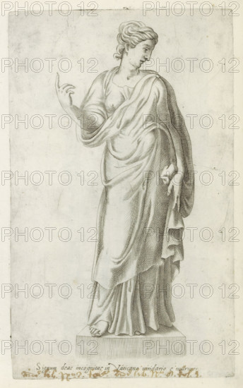 Sculpture of a goddess, Sculptures from antiquity, print, album page, Caption in Latin. Print is part of an album., inscription: 'Ende lib. no. 2. fol.... Ende lib. No. 8. fol. 1.', number: '82', inscription: 'Ende lib. No. 2. fol. 105. Ende lib. No. 8. fol. 1.', Italy, 1600 - 1699, printmaker, paper, engraving, gravure, height 223 mm x width 135 mm, This print is part of a series of at least 50 prints of sculptures from antiquity., piece of sculpture, reproduction of a piece of sculpture, representations, goddesses, demigoddesses, heroines etc. (Roman religion), A grayscale engraving of a draped female statue standing on a rectangular plinth, shown full length with classical robes that form flowing folds and cross-hatching shading; the figure's head is turned slightly to the side with hair styled in a low updo, one arm is raised with the hand bent at the wrist and fingers partially extended while the other arm hangs down holding part of the drapery; exposed shoulder and chest are visi...