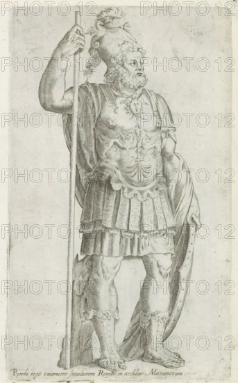 Sculpture of Pyrrhus of Epirus, Sculptures from antiquity, print, album page, Caption in Latin. Print is part of an album., inscription: 'Ende ... lib. fol. 31.', number: '84', inscription: 'Ende lib. No. 4 ... fol. 10 ... fol. 16 et lib. No. 8.', Italy, 1600 - 1699, printmaker, paper, engraving, etching, height 231 mm x width 138 mm, This print is part of a series of at least 50 prints of sculptures from antiquity., Person, Pyrrhus of Epirus, piece of sculpture, reproduction of a piece of sculpture, ruler, sovereign, A tall carved figure of a bearded man in classical armor stands holding a long staff with one hand while a cloak drapes over his shoulder and arm. He wears an ornate helmet with a plume and curly hair visible beneath, and his breastplate shows sculpted decorative motifs including a central face and other reliefs. A layered skirt of armor hangs at his waist over detailed greaves and sandals on his legs, and a shield rests at his side partially covered by the cloak. The ima...