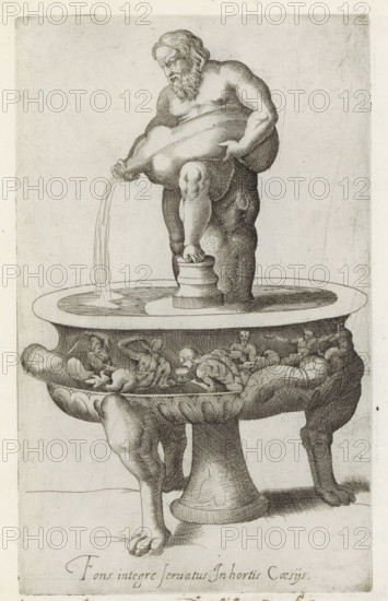 Fountain consisting of the Torloni Vase and a sculpture of Silenus with a wineskin, Sculptures from antiquity, print, album page, Caption in Latin. Print is part of an album., inscription: 'Ende lib. no. 2. fol. 13.', inscription: 'Ende ... lib. No. 27., Ende lib. No. 21. fol. 2., Ende lib. No. 23. fol. 143.', number: '85', Italy, 1600 - 1699, printmaker, paper, engraving, gravure, height 222 mm x width 135 mm, This print is part of a series of at least 50 prints of sculptures from antiquity., piece of sculpture, reproduction of a piece of sculpture, garden vase, ornamental fountain, vase, ornament, (story of) Silenus, A detailed engraving shows a large stone basin supported by carved legs with pawed feet, the basin rim decorated with reclining and partially draped human figures and ornamental motifs, and a stout central pedestal rising from the basin floor to support a sculpted male figure standing with one foot on a small cylindrical plinth; the male figure is bearded with wavy hair,...