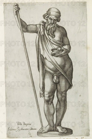 Sculpture of Silenus, Sculptures from antiquity, print, album page, Caption in Latin. Print is part of an album., inscription: 'Ende ... lib. No. 27., Ende lib. No. 21. fol. 2., Ende lib. No. 23. fol. 143.', inscription: 'Ende lib. no. 2. fol. 13.', number: '85', Italy, 1600 - 1699, printmaker, paper, engraving, gravure, height 223 mm x width 138 mm, This print is part of a series of at least 50 prints of sculptures from antiquity., piece of sculpture, reproduction of a piece of sculpture, (story of) Silenus, A detailed monochrome engraving of a standing bearded man wearing a cap and a draped cloth across one shoulder and around his waist, holding a long staff with one hand while the other hand presents a small curved object, the figure shown nude beneath the drapery with visible anatomy, standing on an oval base with feet turned slightly outward, the image showing fine crosshatching and etched lines on a pale background with small stains and spots.