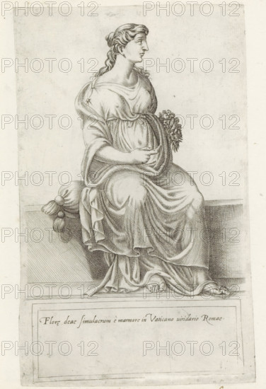 Sculpture of Flora, Sculptures from antiquity, print, album page, Caption in Latin. Print is part of an album., inscription: 'Ende lib. No. 20. fol. 41. Ende lib. No. 2. fol. 105.', inscription: 'Ende lib. No. 5. fol. 86. Ende lib. No. 2. fol. 105', number: '86', Italy, 1600 - 1699, printmaker, paper, engraving, etching, height 224 mm x width 138 mm, This print is part of a series of at least 50 prints of sculptures from antiquity., piece of sculpture, reproduction of a piece of sculpture, (story of) Flora, A seated classical female figure rendered in fine line work wearing draped garments gathered at the waist and falling in folds around her legs, her hair styled back in waves and tied, her head turned in profile, one hand resting on her abdomen and the other holding a small cluster of flowers, she sits on a cushioned ledge with tassels visible at the side and her feet and toes peeking from beneath the robes, the scene framed by a rectangular border and set against a plain, lightly te...