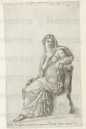 Sculpture of a Vestal Virgin, Sculptures from antiquity, print, album page, Caption in Latin. Print is part of an album., number: '86', inscription: 'Ende lib. No. 5. fol. 86. Ende lib. No. 2. fol. 105', inscription: 'Ende lib. No. 20. fol. 41. Ende lib. No. 2. fol. 105.', Italy, 1600 - 1699, printmaker, paper, engraving, etching, height 224 mm x width 138 mm, This print is part of a series of at least 50 prints of sculptures from antiquity., piece of sculpture, reproduction of a piece of sculpture, Vestal virgin(s), A monochrome engraving of a seated woman draped in flowing robes, shown from head to foot and positioned slightly to the right of center, with one arm resting on a sculpted chair arm and the other hand held near her chest; she wears a veil over her hair, her facial expression appears solemn, and detailed line work defines the folds and texture of her garments and the curved patterning of the chair, with a plain, lightly textured background surrounding the figure.