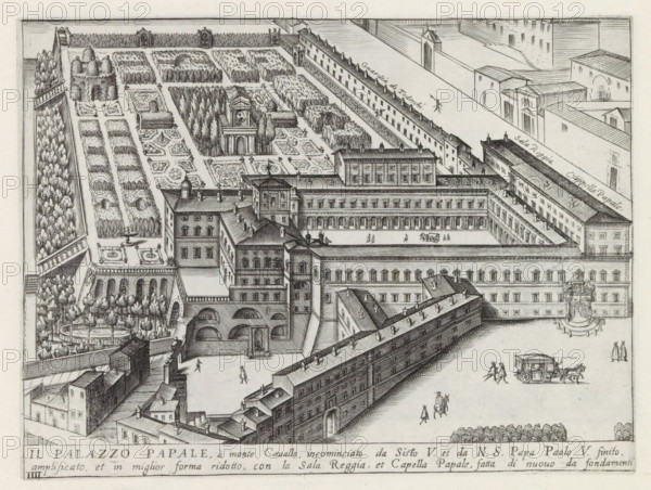 Il Palazzo Papale, à monte Cavallo, incominciato da Sisto V. et da NS Papa Paolo V, Palazzo del Quirinale and gardens in Rome, Monuments and buildings erected during the pontificates of Popes Paul V and Sixtus V, print, album page, Series number, 4, 12, View of the Palazzo del Quirinale and gardens on the Quirinal in Rome. Title in Italian in the bottom margin. Print is part of an album., inscription: 'Ende, Ende lib. No. 8. fol. 134. n. 1., End lib. No. 2. fol. 52 et 152...', number: '9', printmaker: Matthäus Greuter, Rome, grantor of privilege: Paul V, Vatican City, 1618, paper, engraving, height 168 mm x width 225 mm, This print is part of a series of twelve prints depicting monuments and buildings erected during the pontificates of Pope Paul V and Sixtus V., garden, palace, Quirinal, Palazzo del Quirinale, A detailed black and white engraving shows a large formal complex of connected classical buildings surrounding a rectangular paved courtyard with arched galleries and multiple st...