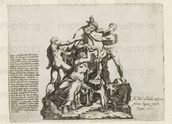 Farnese Bull, Dirce is tied to a bull, Sculptures from antiquity, print, album page, Ancient sculpture known as the Farnese Bull. The brothers Amphion and Zethus tie Dirce's braided hair to the horns of a bull. Caption in Latin. Print is part of an album., inscription: 'Ende lib. No. 21. fol. 205. 206., Ende lib. no. 2. fol. 3 et 4.', number: '92', Italy, publisher: Giovanni Battista de' Rossi, Rome, publisher: Antonio Salamanca, grantor of privilege: Urban VIII, Vatican City, 1538, 1641, Giovanni Battista de' Rossi, Antonio Salamanca, Urban VIII, printmaker, publisher, grantor of privilege, paper, engraving, height 178 mm x width 235 mm, This print is part of a series of at least 19 prints of sculptures from antiquity., piece of sculpture, reproduction of a piece of sculpture, Amphion and Zethus avenge their mother by tying Dirce to the horns of a bull, A detailed black and white engraving shows a group of partially draped and nude figures arranged on rocky ledges; two standing muscul...