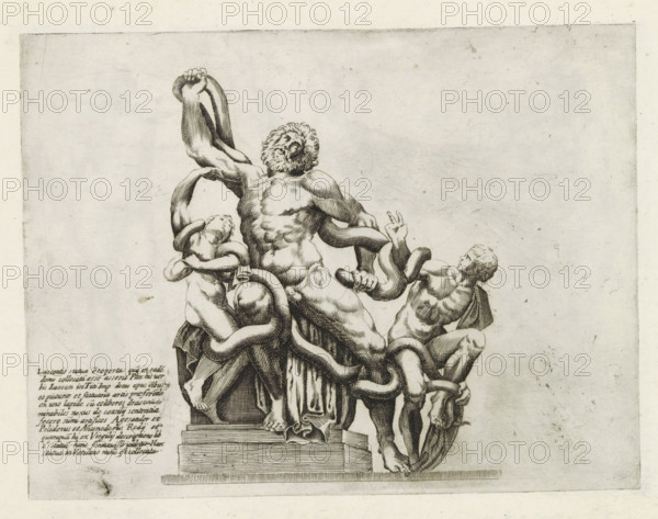 Sculpture of Laocoön and his sons, Sculptures from antiquity, print, album page, The Laocoön Group. Caption in Latin. Print is part of an album., inscription: 'Ende lib. No. 23. fol. 645, 804., Ende lib. No. 21. fol. 20. 21., Ende lib. No. 1. fol. 15.', number: '93', Italy, publisher: Giovanni Battista de' Rossi, Rome, publisher: Antonio Salamanca, grantor of privilege: Urban VIII, Vatican City, 1538, 1641, Giovanni Battista de' Rossi, Antonio Salamanca, Urban VIII, printmaker, grantor of privilege, paper, engraving, height 180 mm x width 237 mm, This print is part of a series of at least 19 prints of sculptures from antiquity. This group of statues is located in the Cortile del Belvedere in the Vatican Museums., piece of sculpture, reproduction of a piece of sculpture, Laocoon and his twin sons are strangled by two serpents during the preparations for a sacrifice, A monochrome engraving of a classical sculpture group shows a central bearded male figure with a muscular torso leaning ba...