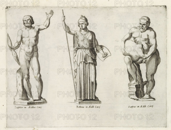 Sculptures of Jupiter, Bellona, and Silenus with a wineskin, Sculptures from antiquity, print, album page, Caption in Latin. Print is part of an album., inscription: 'Ende lib. No. 20 fol. 60., et lib. No. 4. fol. 104., Ende lib. No. 1. fol. 53 ... Ende lib. No. 23. fol. 143.', number: '94', Italy, publisher: Giovanni Battista de' Rossi, Rome, publisher: Antonio Salamanca, grantor of privilege: Urban VIII, Vatican City, 1538, 1641, Giovanni Battista de' Rossi, Antonio Salamanca, Urban VIII, printmaker, grantor of privilege, paper, engraving, height 182 mm x width 239 mm, This print is part of a series of at least 19 prints of sculptures from antiquity., piece of sculpture, reproduction of a piece of sculpture, (story of) Silenus, (story of) Jupiter (Zeus), Three carved figures stand side by side on a pale background. The left figure is a bearded male nude with curly hair, one arm raised and the other holding a long leafy object, his body showing muscular definition and his feet on a re...