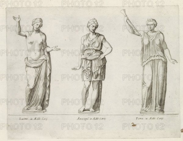 Sculptures of Lucina, an Amazon and Fame, Sculptures from antiquity, print, album page, Caption in Latin. Print is part of an album., inscription: 'Ende lib. No. 19. fol. 25., Ende lib. No. 23. fol. 143., Ende lib. No. 21. fol. 2., ... lib. fol. 27.', number: '95', Italy, publisher: Giovanni Battista de' Rossi, Rome, publisher: Antonio Salamanca, grantor of privilege: Urban VIII, Vatican City, 1538, 1641, Giovanni Battista de' Rossi, Antonio Salamanca, Urban VIII, printmaker, grantor of privilege, paper, engraving, height 182 mm x width 240 mm, This print is part of a series of at least 19 prints of sculptures from antiquity., piece of sculpture, reproduction of a piece of sculpture, Fame, 'Fama', 'Fama buona', 'Fama chiara' (Ripa), (story of) the Amazons, Lucina, Three standing classical-style female figures are shown against a light plain background, each on a small rectangular plinth. The left figure is partially draped with a cloth around the hips and legs, an exposed torso, one ar...