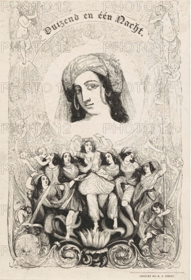 Title page for: Hendrik Frijlink, One Thousand and One Nights, 1848, Arab women, print, title page, Bust of an Arab woman with turban and jewelry, surrounded by angels and putti. At the bottom a group of Arab women with veils, standing on a lily., printmaker: Andrew, Best & Leloir, maker: Rousseau, printer (person): KJ Gieben, Utrecht, publisher: C. van der Post (II), printer (person), paper, etching, height 222 mm x width 148 mm, Title page for: Frijlink, Hendrik. One Thousand and One Nights, Arab Tales. Part One. Utrecht: Post, C. van der (jr.), 1848. Print from a scrapbook with title prints, ornaments, etc. on blue paper, disassembled in 1983. According to a note on the verso, the print was on p. 192 of this album., Asiatic races and peoples (with NAME), A tall vertical engraving shows a large central portrait of a woman’s head wearing a headscarf and bead-like adornments, framed by an ornate arch filled with floral scrollwork. Above the portrait are two winged cherubic figures perc...