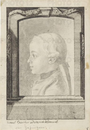 Unknown boy in profile, print, Portrait of a boy, in profile facing left. Drawn portrait within a printed frame., printmaker: Samuel Gränicher, Dresden, c. 1780 - c. 1795, draftsman (artist), Saxony, paper, pencil, engraving, etching, drawing, engraving and drawing with pencil in etched frame, height 143 mm x width 99 mm, anonymous historical person portrayed alone, A framed pencil profile portrait of a young person facing left, showing a closely rendered head with short, wavy hair tied at the back with a ribbon, a visible ear, and a calm facial expression. The figure wears a high-collared garment with folds and buttons sketched along the front. The portrait sits within an ornate rectangular border that features woven or braided decorative elements at the top corners and textured shading along the sides and bottom. The background inside the frame is softly shaded, while the surrounding paper shows faint aging and small spots.