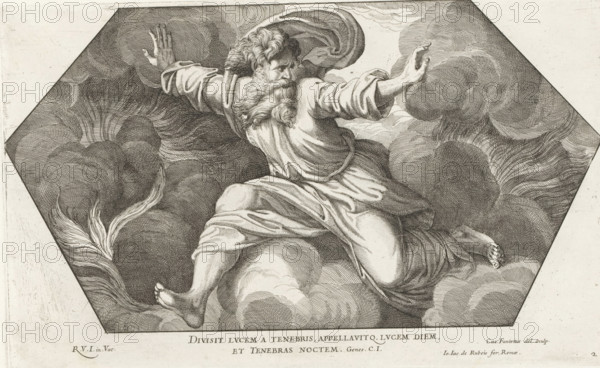 God separates the light from the darkness, Raphael Bible, Paintings in the Loggia by Raphael, Imagines Veteris ac Novi Testamenti, print, album page, Series number, 2, 52, God, an old man with a beard, pushes clouds away from the flames in the foreground on the left. Bible verse below the image. Print is part of an album., number: '125', printmaker: Cesare Fantetti, Italy, after painting by Raphael, Vatican City, publisher: Giovanni Giacomo de' Rossi, Rome, grantor of privilege: Papal Court, 1675, Cesare Fantetti, Raphael, Giovanni Giacomo de' Rossi, Papal Court, grantor of privilege, paper, etching, height 191 mm x width 310 mm, Print is part of a series of 55 prints, consisting of three unnumbered prints and a set of 52 numbered prints after the paintings in the Loggia by Raphael., division of light and darkness, An engraved black and white image of a bearded man seated on swirling clouds inside a hexagonal frame, wearing flowing drapery that wraps around his torso and legs, his hair...