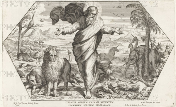 Creation of the Animals, Imagines Veteris ac Novi Testamenti, Raphael Bible, Paintings in the Loggia of Raphael, print, album page, Series number, 4, 52, God, an old man with a beard, stands in a landscape among various animals that he has just created. Bible verse below the image. Print is part of an album., number: '127', printmaker: Cesare Fantetti, Italy, after painting by Raphael, Vatican City, publisher: Giovanni Giacomo de' Rossi, Rome, grantor of privilege: Papal Court, 1675, Cesare Fantetti, Raphael, Giovanni Giacomo de' Rossi, Papal Court, grantor of privilege, paper, etching, height 191 mm x width 309 mm, Print is part of a series of 55 prints, consisting of three unnumbered prints and a set of 52 numbered prints after the paintings in the Loggia by Raphael., Genesis, A central robed bearded man stands with arms outstretched, a radiance around his head and a flowing cloak behind him, surrounded by a variety of animals on a shoreline with distant hills; to his left a lion wit...