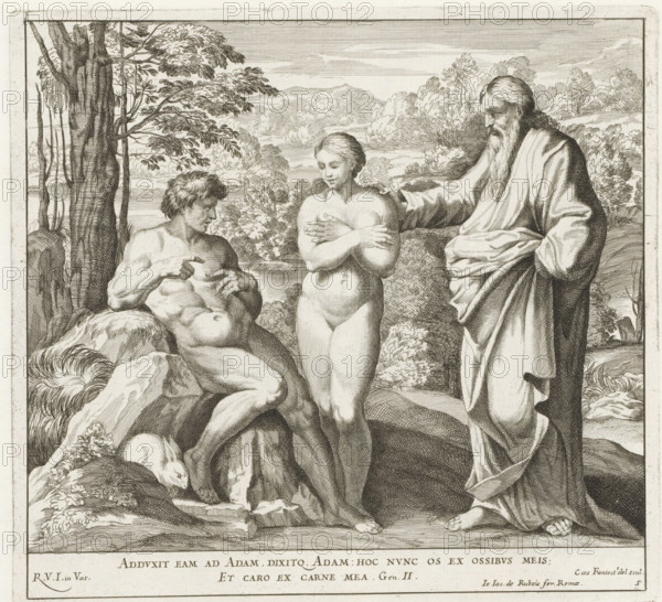 God creates Adam and Eve, Paintings in the Loggia by Raphael, Raphael Bible, Imagines Veteris ac Novi Testamenti, print, album page, Series number, 5, 52, God, an old man with a beard, stands in a landscape with Adam and Eve whom he has just created. Bible verse below the image. Print is part of an album., number: '128', printmaker: Cesare Fantetti, Italy, after painting by Raphael, Vatican City, publisher: Giovanni Giacomo de' Rossi, Rome, grantor of privilege: Papal Court, 1675, Cesare Fantetti, Raphael, Giovanni Giacomo de' Rossi, Papal Court, grantor of privilege, paper, etching, height 239 mm x width 258 mm, Print is part of a series of 55 prints, consisting of three unnumbered prints and a set of 52 numbered prints after the paintings in the Loggia by Raphael., creation of Eve, the man (Adam) comes to life: usually God reaches out his hand or breathes life into his nostrils, A detailed black and white engraving showing three human figures in a natural landscape; a seated muscular...
